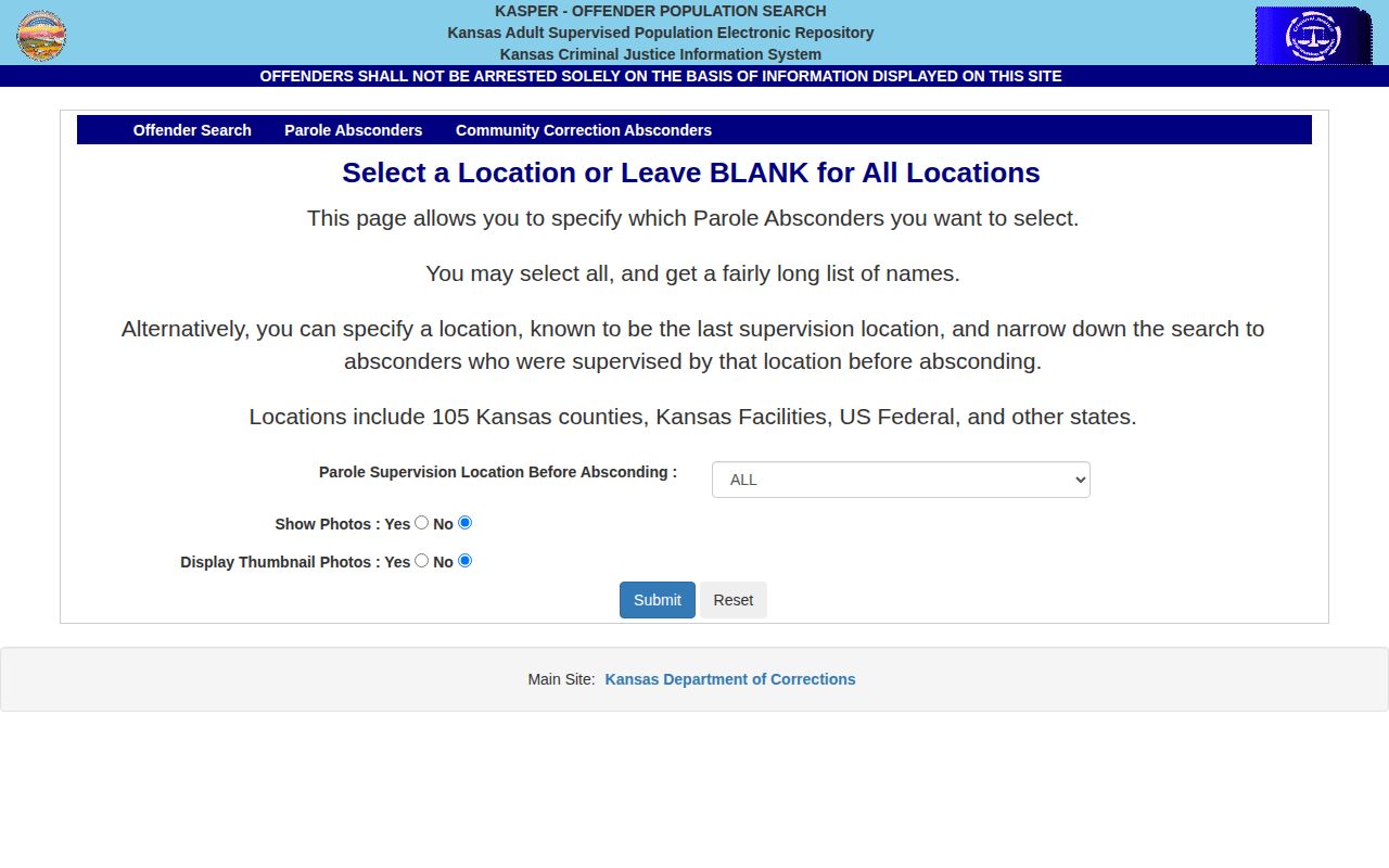Kansas parole absconder search filters and disclaimer