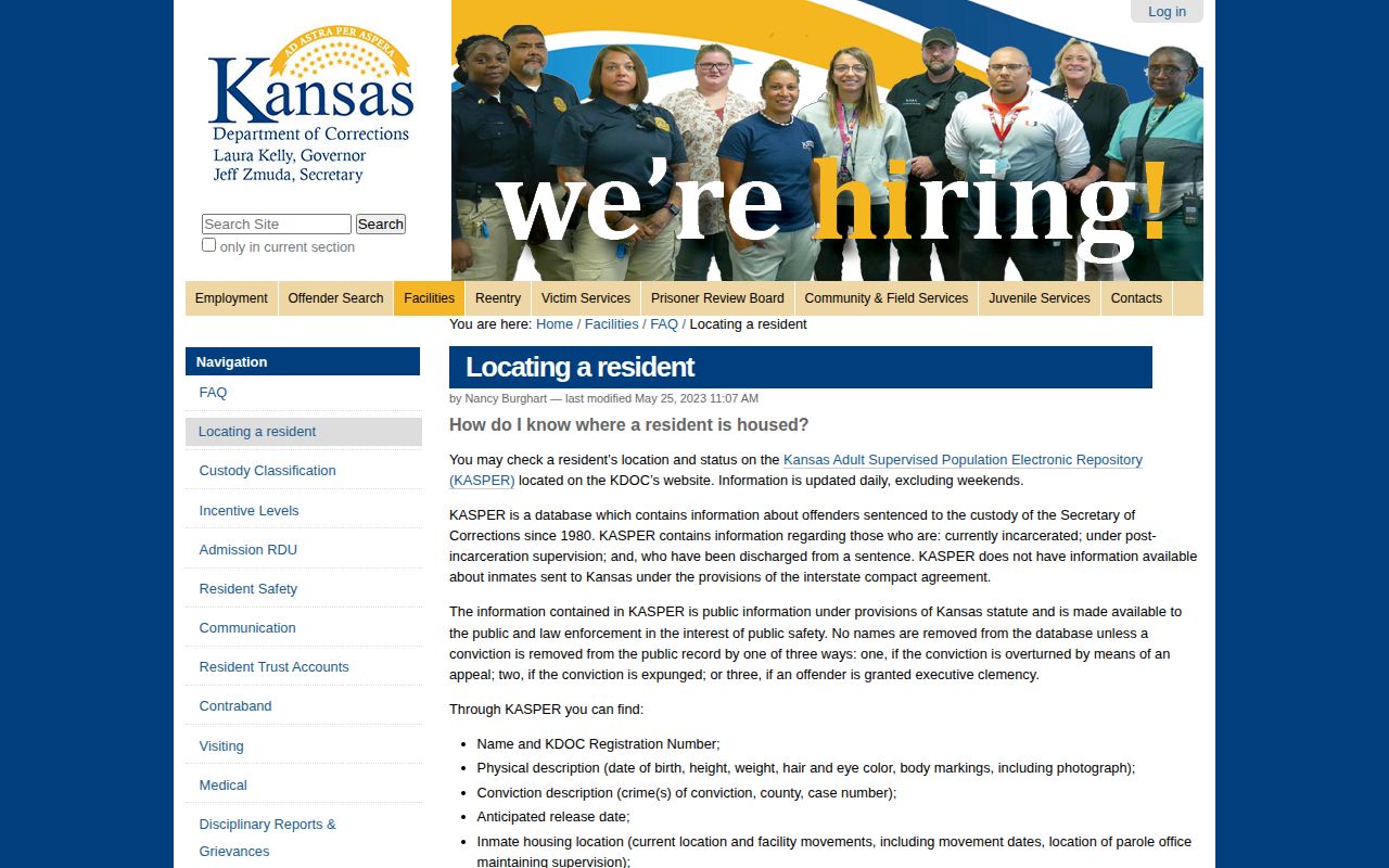 Kansas Department of Corrections locating FAQ with anticipated release date information